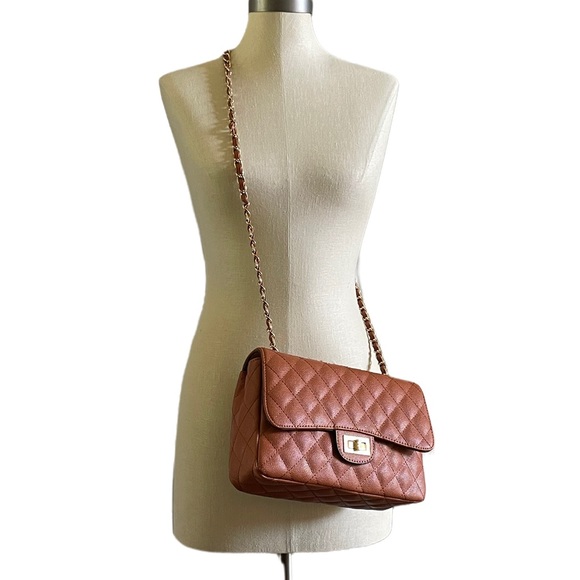 NWT caramel brown vegan leather quilted flap bag with gold chain strap - Picture 9 of 9
